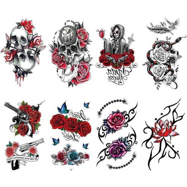 Pegatina de tatuaje de calavera con significado eterno, alerta de reloj, rosa roja, pistola, máscara de pecho, transferencia de agua