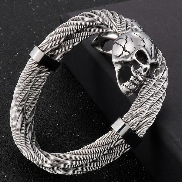 Crâne câble torsadé bracelet à manchette ouverte pour hommes en acier inoxydable bracelets pour hommes Punk Rockers bijoux accessoires élastique 240327