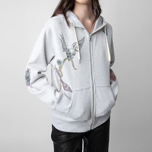 Schedels Bloemen Kralen Open-up hoodie voor dames Lente Lange mouw Trekkoord Capuchon Zakken Katoen Losse hoodies Vintage sweatshirts Designer Luxe jas Tops