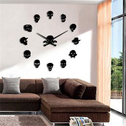 Crânes sans cadre bricolage grande horloge murale Morden Da Parete horloge à Quartz intérieur 3d miroir montres salon décor à la maison Wandklok Y20197G