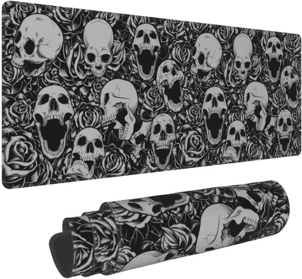 Alfombrilla de ratón para juegos con diseño de calaveras y rosas, alfombrilla de ratón larga extendida XL para escritorio, alfombrillas de ratón de goma grandes con bordes cosidos de 31,5 ''X 11,8''