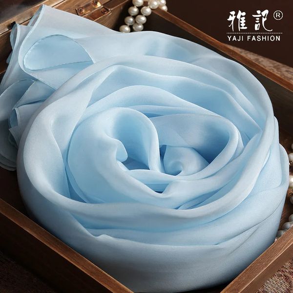 Sky Bleu 100% réelle écharpe de soie femmes en mousseline naturelle hangzhou long écharpe de soie couleur unie 240410