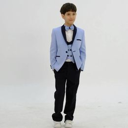 hemelsblauw 3 stuks jongen smoking voor bruiloft ondiepe revers een knop tiener formele kleding slim fit kinderen verjaardagsfeestje blazer (jas + vest + broek + vlinderdas)