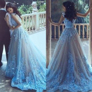 Sky Blue 3D Flower Arabische vrouwen prom -jurken met taille sjerp formeel 2017 avond feestjurk lange tule juweel nek vestido de festa 303J