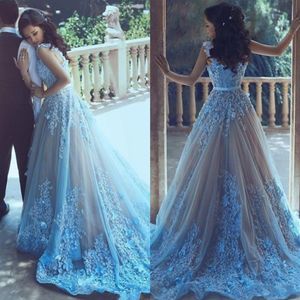 Bleu ciel 3D fleur arabe femmes robes de bal avec taille ceinture formelle 2017 robe de soirée longue tulle bijou cou robe de fest234J