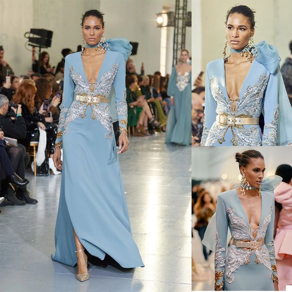 Bleu ciel une ligne robes de soirée avec ceinture Sexy col en V manches longues Appliqued perlée formelle robes de soirée de bal côté fendu Robe de mariée