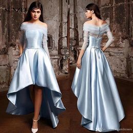 Robe de bal de forme trapèze, bleu ciel, haute et basse, bon marché, courte, en Tulle transparent, robes de soirée formelles pour occasions spéciales