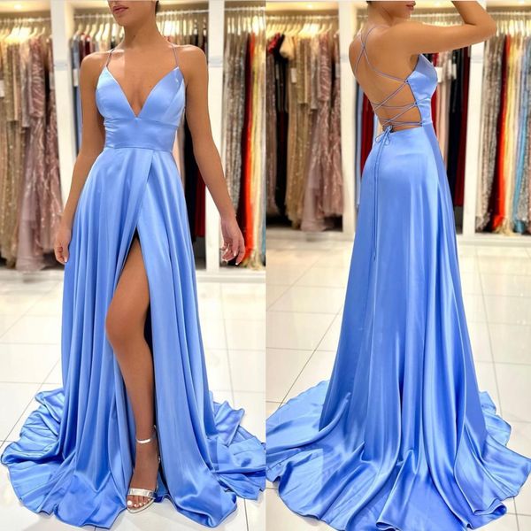 Sky Blue A Line Prom Dress Party Vests Spaghetti Evening Elegant Thigh Split V Neck Satin Dridesmaid Vestidos para OCNS 418 especiales