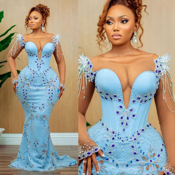 Aso Ebi – robe de bal bleu ciel pour occasions spéciales, illusion de sirène, manches longues, robes de soirée perlées, robes de fête d'anniversaire élégantes, robe de fiançailles, NL252