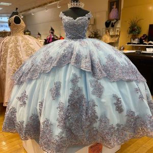Robe de bal bleu ciel quinceanera robe 2024 dentelle appliques perles tulle long train XV princesse robes de 15 ans anniversaire doux 16 robe