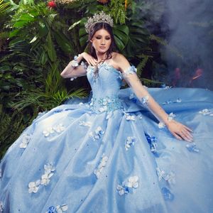 Robe De bal bleu ciel Quinceanera, motif Floral 3D, perles, chérie, en Tulle, robe De princesse De XV Anos, robe De fête d'anniversaire, 2024