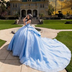 Robe De bal bleu ciel Quinceanera robe longue Train à volants princesse perles Tulle robes De 15 Anos fête d'anniversaire doux 16 robe