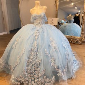 Hemelsblauw Baljurk Quinceanera Jurk Uit De Schouder Applicaties Kant Kralen Tull Corset Vestidos 15 De XV Anos