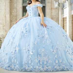 Sky Blue Ball Jurk Quinceanera jurken Sweetheart Appliques Lace Tull Elegant Off the Shoulder Train Sweet 16 Vestido de 15 Anos