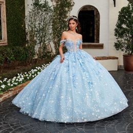 Robe De Bal Bleu Ciel Quinceanera Robes Robes De 15 Anos Parti Cristal 3D Fleur Cendrillon 16 Anniversaire Princesse Robes