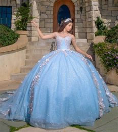 Vestidos de quinceañera de Cenicienta azul cielo, vestido de baile con hombros descubiertos, vestido dulce 16, apliques de cuentas, vestidos de fiesta de cumpleaños S S