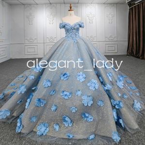 Bleu ciel Cendrillon Quinceanera Robes Hors Épaule Gillter Paillettes 3D Floral À Lacets Corset robes de 15 quinceanera celeste