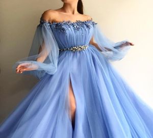 Sky Blue Delicate kralen prom jurk sitle split formele lange sexy avondjurken gewaad de soiree juweel kraag formele feestjurk7378219