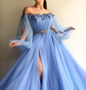 Sky Blue Delicate kralen prom jurk split formele lange sexy avondjurken gewaad de soiree juweel kraag formele feestjurk4954601