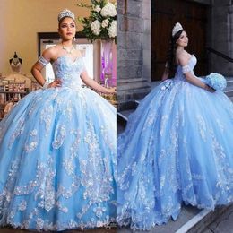 Sky Blue Docunes détachables Prom Quinceanera Robes Robes de bal pas cher 2023 CORSET CORSET BARDE LACE APPLIQUE jupe à plusieurs niveaux