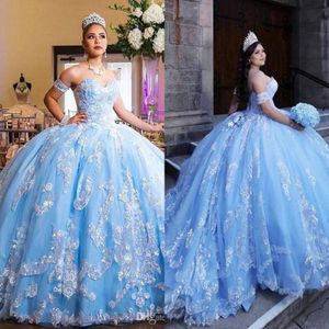 Hemelblauwe afneembare mouwen prom quinceanera jurken goedkope baljurken 2023 strapless korset rug kanten applique gelaagde rok tule sweet 248n