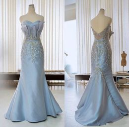 Sky Blue Elegant Beaded Mermaid Avondjurken 2020 Sequined Sweetheart Ruffles Prom Dresses Abendkleureider Robe de Soiree Real Image
