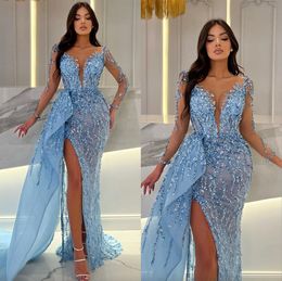 Sky Blue Elegant Mermaid Evening Jurken Illusion V Neck Mouwen Parken Party Prom Split lange jurk voor speciale OCN