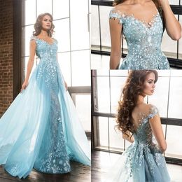 Sky Blue Elegant Mermaid Prom Dresses Lace Appliques Sheer Neck Juwel Avondjurk Custom Made Sweep Train met overskrits Formele beroemde feestjurk
