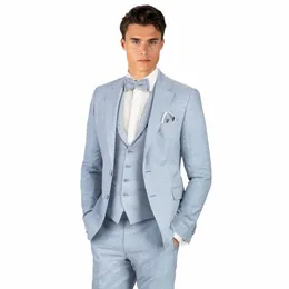 Costumes de style anglais bleu ciel pour hommes élégant formel décontracté intelligent mariage smoking fi cran revers simple boutonnage 3 pièces H0XT #