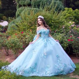 Hemelsblauwe Bloemen Geappliceerd Quinceanera Jurk 2024 Sweet 15 Jurk Cocktail Vestidos De Baile Baljurk Vestidos De 15 Quinceanera