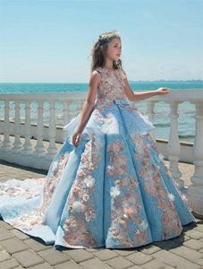 Sky Blue Flower Meisje Jurk Pageant Wear Jewel Mouwloze 3D Floral Geappliceerd Kant Ruches Leuke Elegante Custom Made Sweep Trein verjaardagstoga's