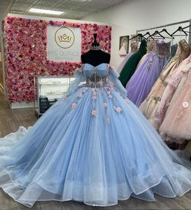 Bleu ciel Gillter Tulle princesse Quinceanera robes avec manches longues chérie 3D Floral Corset Vestidos quinceaNera modernos