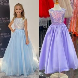 Sky-Blue Girls Pageant Dress 2023 Long A Line Sequin Organza kinderen verjaardag formele feestjurk baby peuter tieners preteen baby kleine jonge junior miss kinderen lila