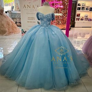 Bleu ciel paillettes robe De bal Quinceanera robes De Train détachable paillettes perles cristal arc Corset Vestidos De XV Anos