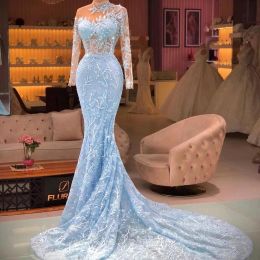 Sky Blue prachtige elegante zeemeermin avondjurken lange mouwen Appliques sweep trein op maat gemaakte vrouwen formele prom feestjurken bc12769 0403