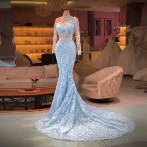 Robe de soirée de forme sirène, bleu ciel, magnifique, élégante, manches longues, avec des Appliques, traîne de balayage, sur mesure, robe de bal formelle pour femmes