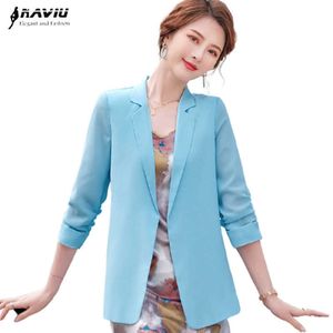 Ciel bleu demi manches Blazer femmes été mince mode tempérament formel décontracté en mousseline de soie veste bureau dames travail manteau 210604