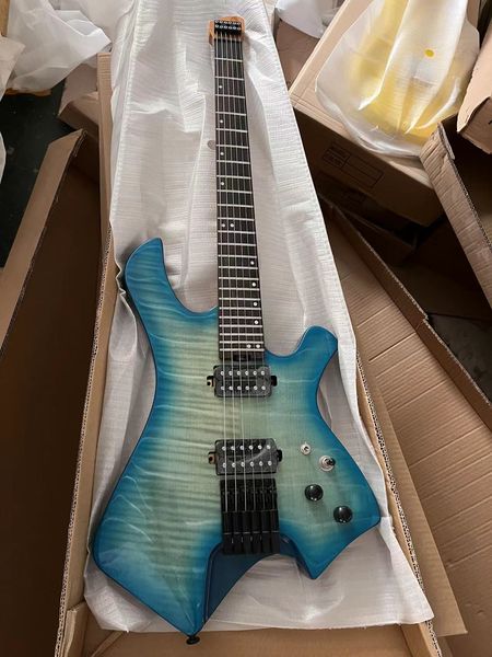 Guitarra eléctrica de seis cuerdas diagonal sin cabeza azul cielo, cuerpo de madera de cera blanca, tablero de dedo con mástil de arce, venta directa de fábrica