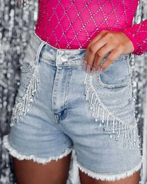 Sky Blue Jeans Booty Mode Femme Casual Tassel Hot Diamond Denim Shorts P230606