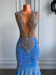 Sky Blue Long Prom formal jurk luxe sexy pure mesh kralen zilveren diamant zwarte meisjes zeemeermin verjaardagsfeestje gala jurken 2024 Arabisch dubai robe de soiree