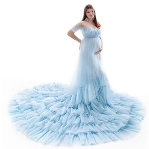 Robes de maternité bleu ciel pour bébé douche volants Train enceinte Photoshoot maille robe de bal grossesse femmes Maxi robe