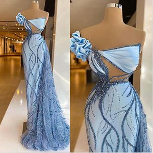 Sky Blauwe zeemeermin avondjurken een schouder plooien pailletten beads prom jurk optocht jurk op maat gemaakte rode loperjurken