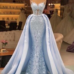 Sky Blue Mermaid Avondjurken met Afneembare Trein Kant Pailletten Prom Jassen Dames Sexy vestido de novia Formele Party Wear2758