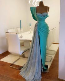 Sky Blue Mermaid Prom Dresses met Hoge Kant Split Glitter Satijn Real Image Avondjurk Sweep Train Custom Made Long Roken de Soirée