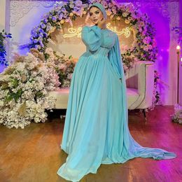 Robes de soirée musulmanes bleu ciel manches bouffantes perles en mousseline de soie robe formelle plissée en mousseline de soie caftan robe d'occasion spéciale