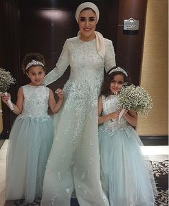 Sky Blue Muslim Avond Receptie Jurken 2020 Jewel Neck Lace Applique Lange Mouw Arabische Aso Ebi Plus Size Prom formele jurken