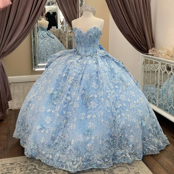 Robe de Quinceanera bleu ciel, épaules dénudées, robe de bal avec des appliques florales, robe de princesse en dentelle avec nœud et perles, robe de soirée douce de 15 ans