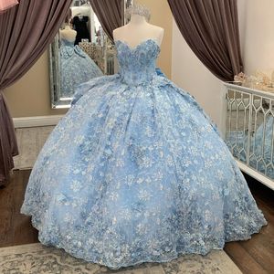Bleu ciel à côté de l'épaule robe quinceanera 2024 Applications de robe de balle en dentelle Perking Sequins Puffy Jupe Sweet 15 16 Vestide robe Vestido