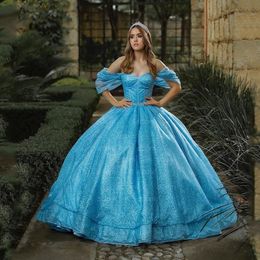 Bleu ciel hors de l'épaule robes de Quinceanera 2024 robe de bal brillant paillettes robe de soirée formelle doux 15 robes robe de bal élégante