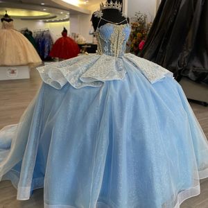 Robe De Quinceanera bleu ciel, épaules dénudées, en Tulle, avec des Appliques de perles, à lacets, robe De bal princesse, 15 ans, 2024